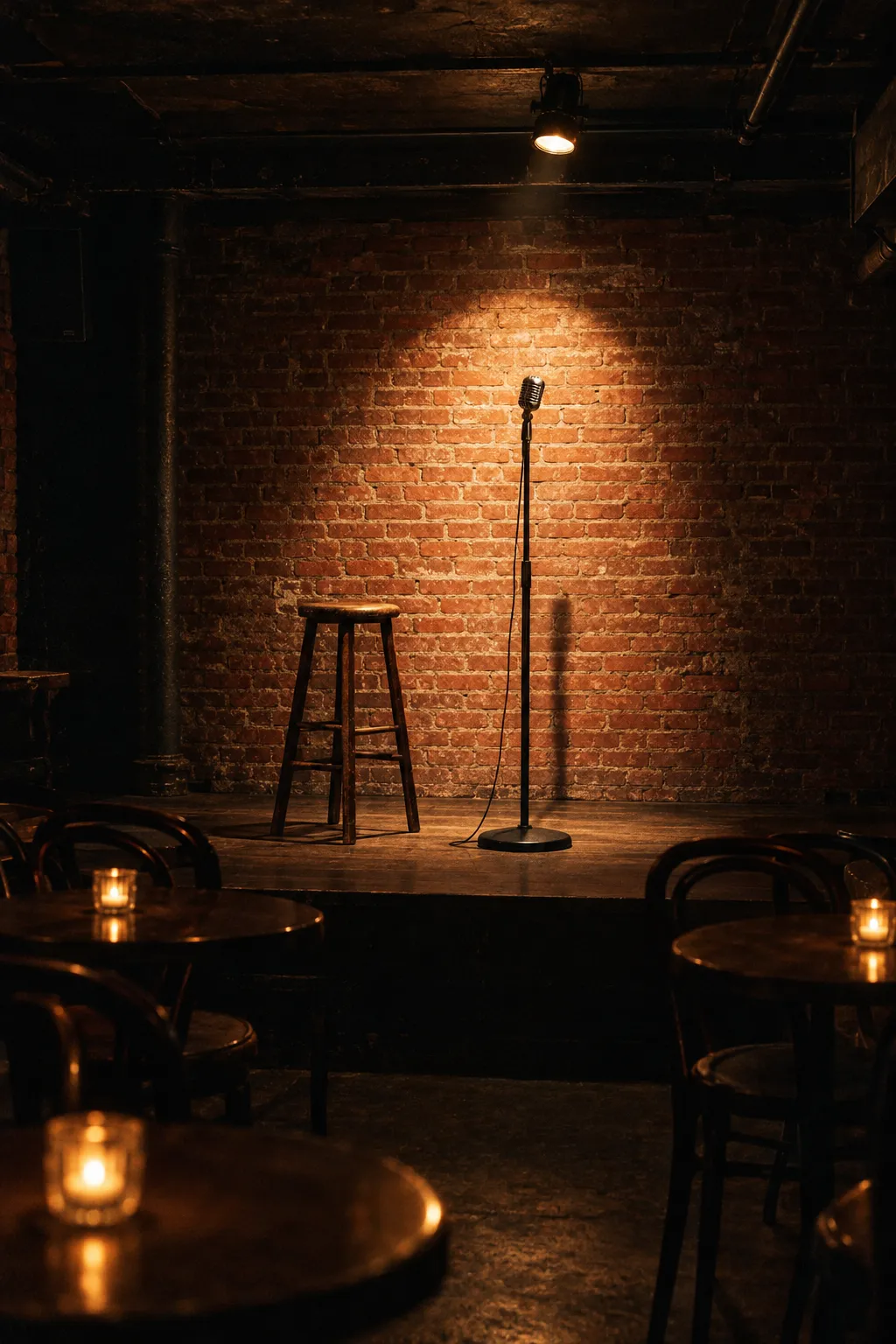 An empty basement comedy stage with a single microphone under a spotlight against a red brick wall