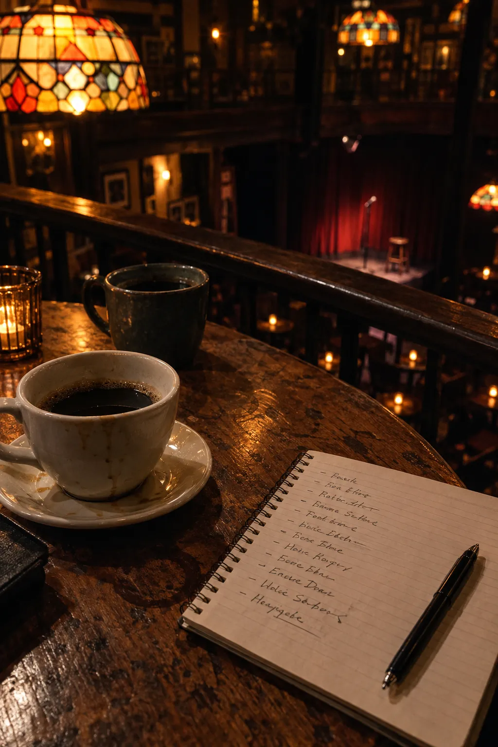 A worn café table with coffee cups and a handwritten lineup notebook under warm stained-glass light