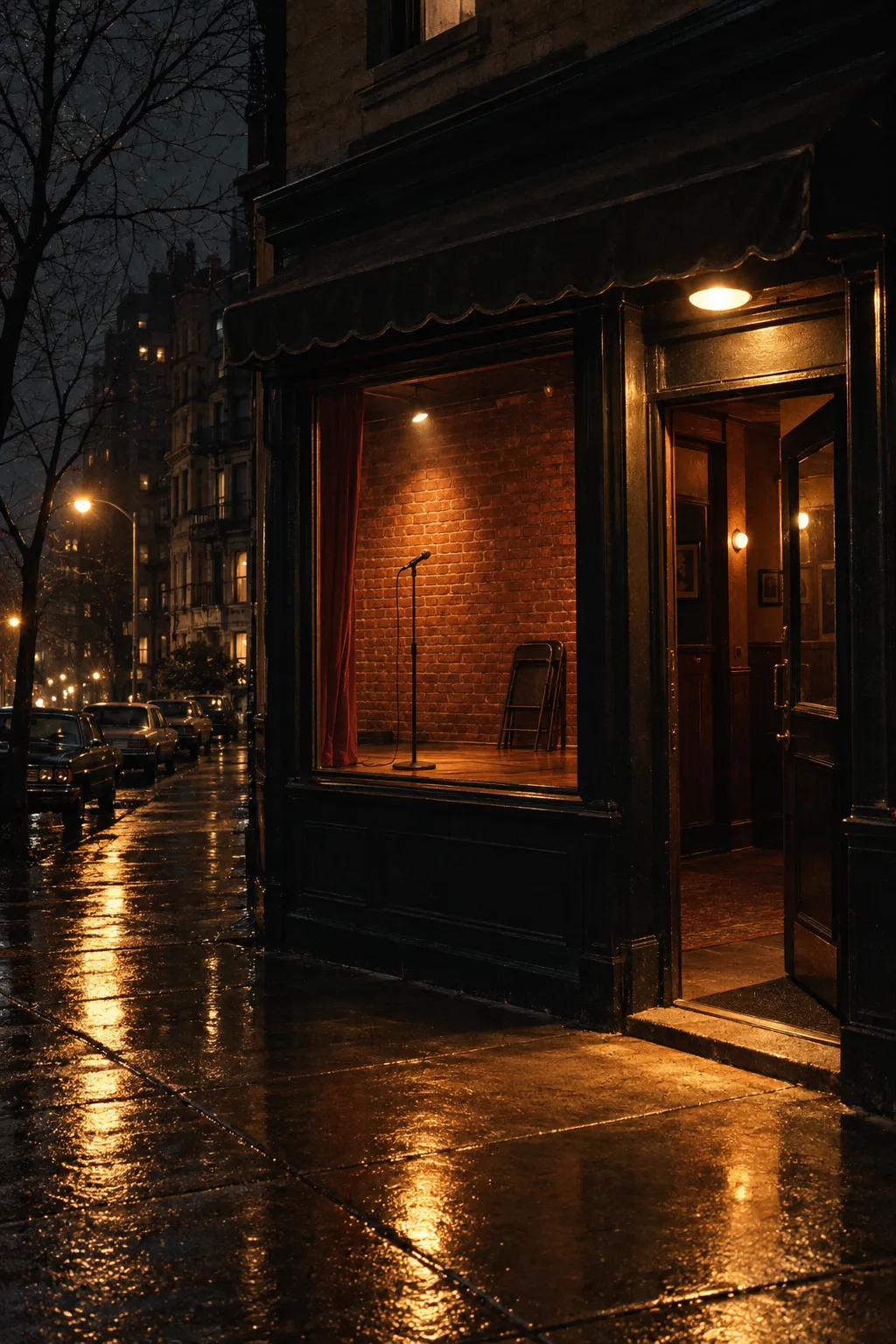 A small club storefront on a rainy Upper East Side avenue at night, a lone microphone stand against a red brick wall in the window
