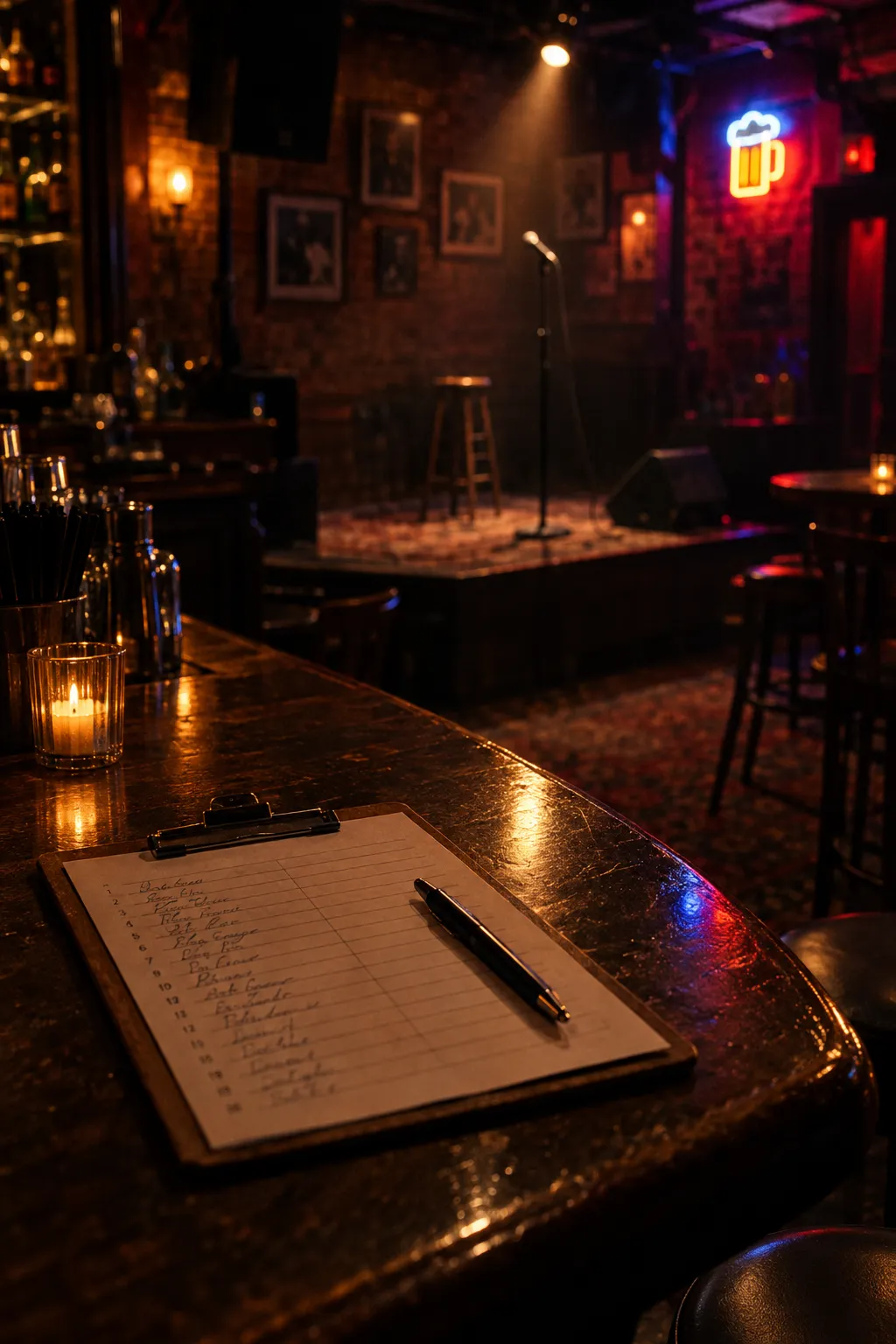 An open mic sign-up clipboard on a bar counter with a small lit stage behind it