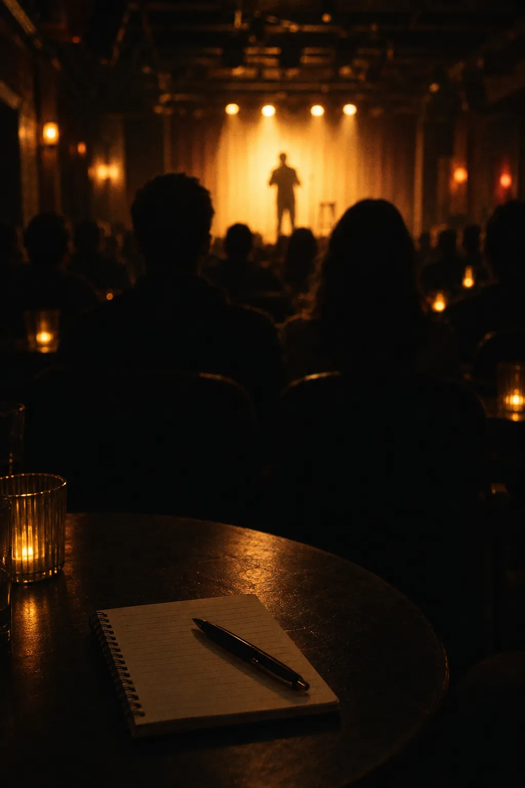 The view from the back of a dark comedy club toward a lit stage, with a notepad on a table in the foreground