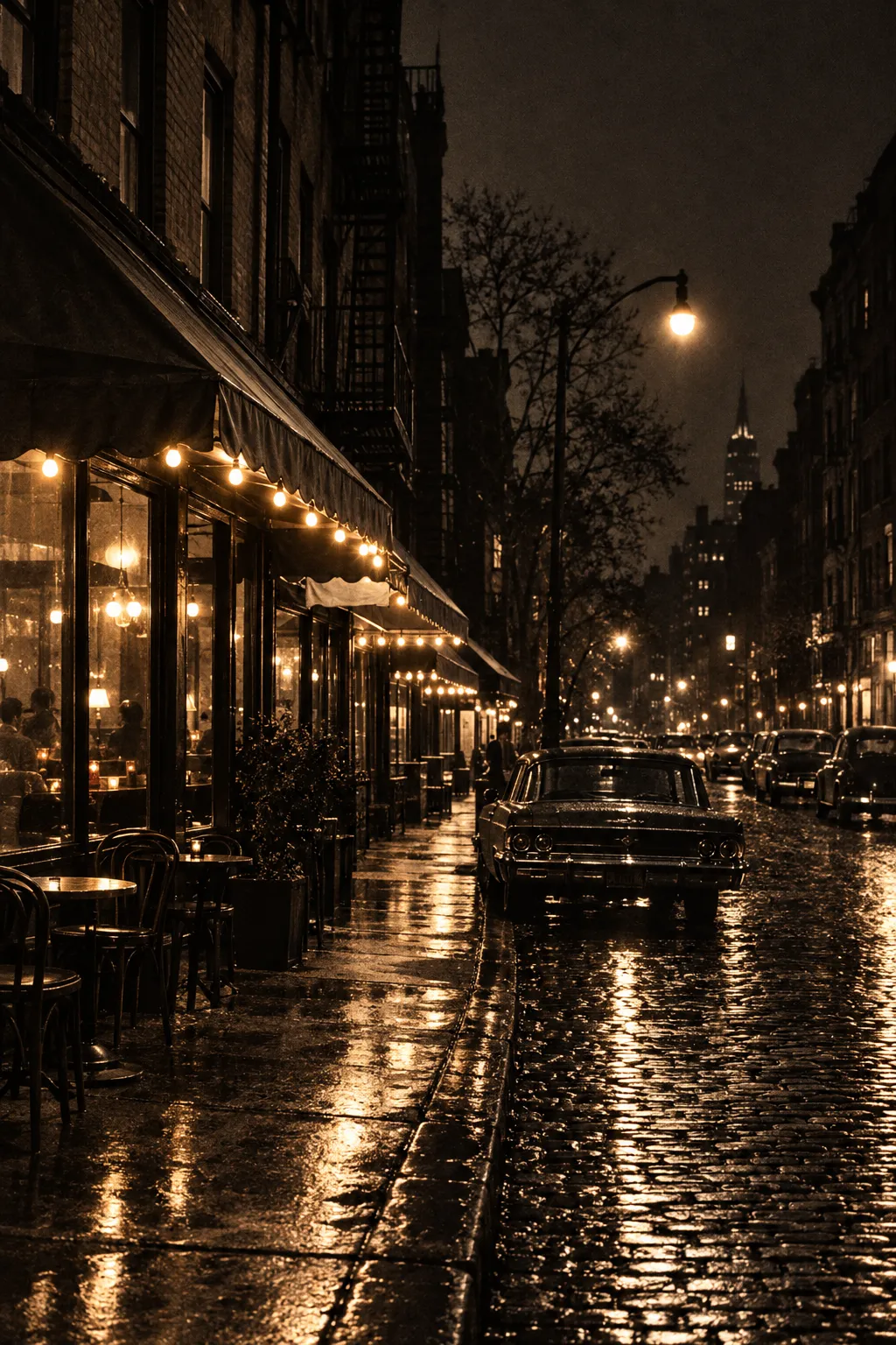 A rain-slicked Greenwich Village street at night lined with glowing coffeehouse awnings